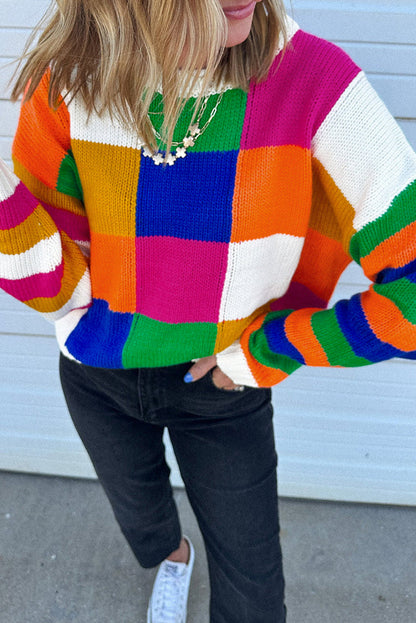 Orange Checkered Colour Block Round Neck Loose Sweater - Sweaters & Cardigans/Sweaters