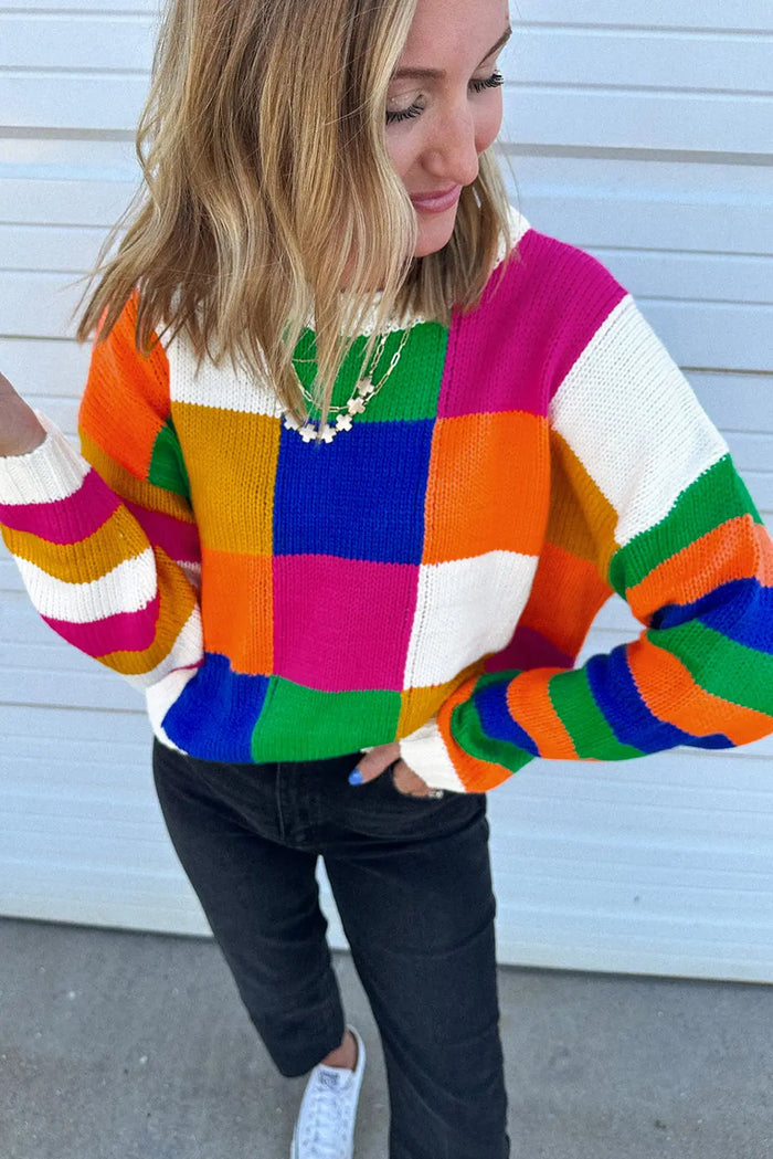 Orange Checkered Colour Block Round Neck Loose Sweater - Sweaters & Cardigans/Sweaters