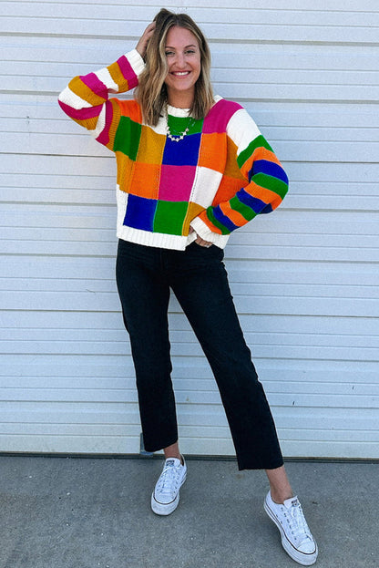 Orange Checkered Colour Block Round Neck Loose Sweater - Sweaters & Cardigans/Sweaters