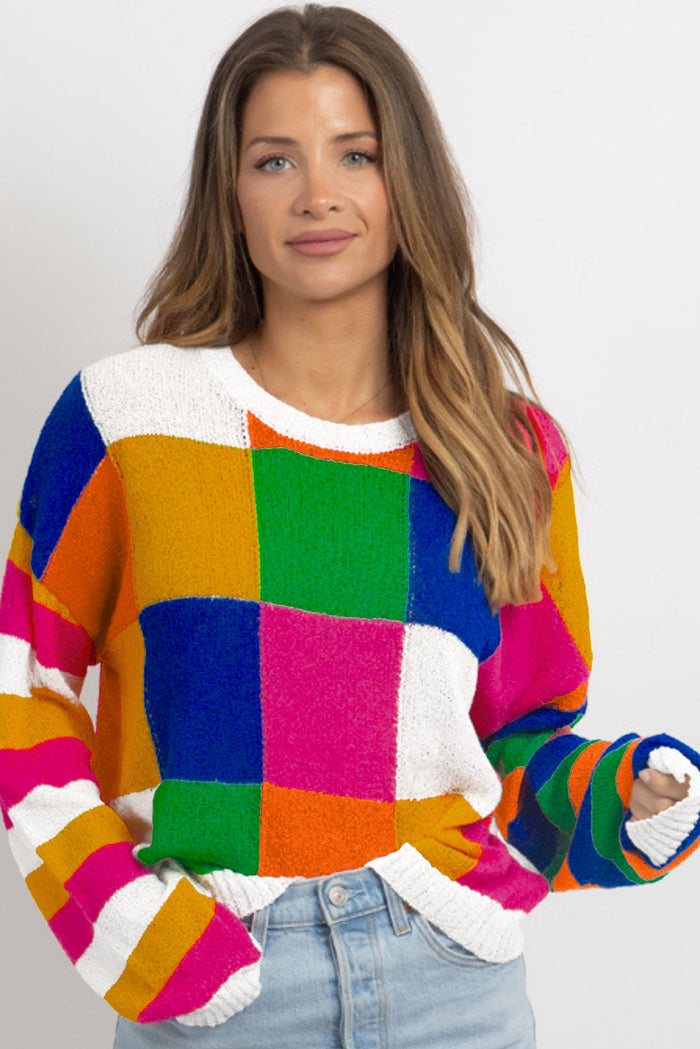 Orange Checkered Colour Block Round Neck Loose Sweater - Sweaters & Cardigans/Sweaters