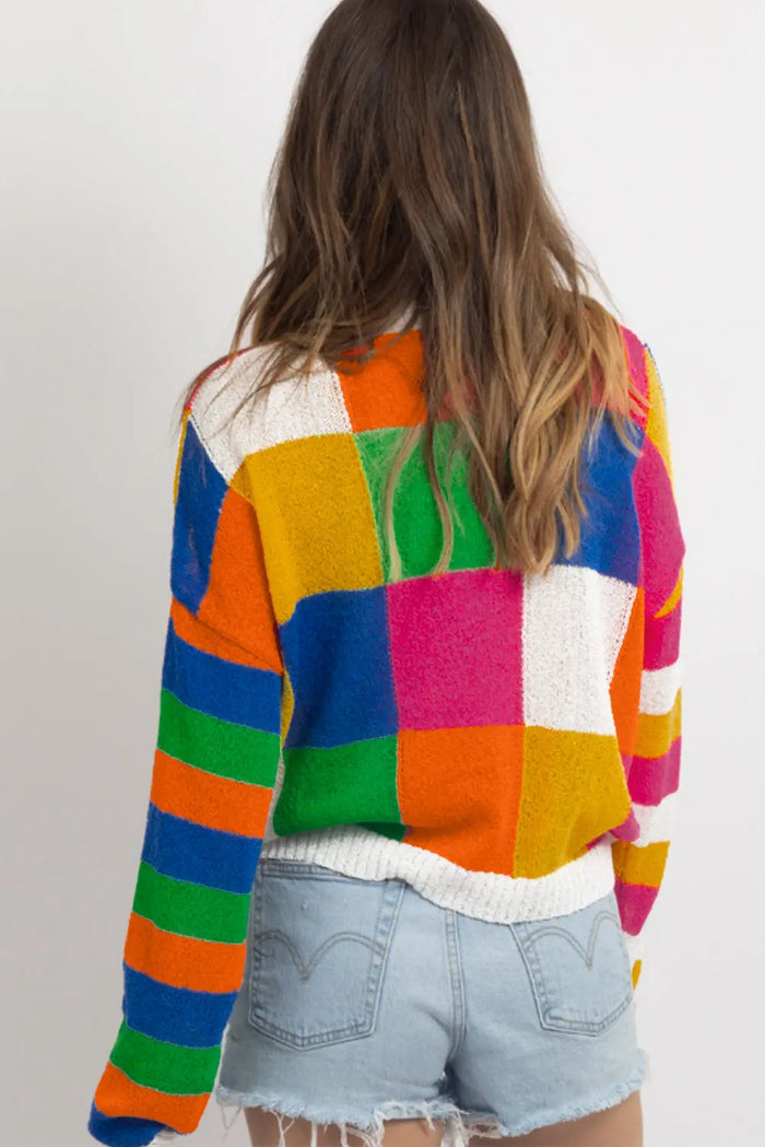Orange Checkered Colour Block Round Neck Loose Sweater - Sweaters & Cardigans/Sweaters