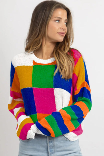 Orange Checkered Colour Block Round Neck Loose Sweater - Sweaters & Cardigans/Sweaters