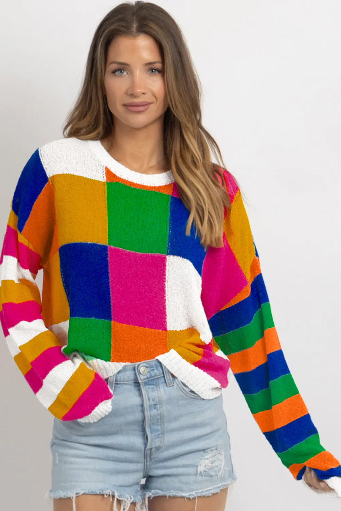 Orange Checkered Colour Block Round Neck Loose Sweater - Sweaters & Cardigans/Sweaters