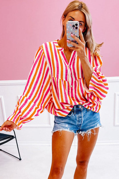 Orange Stripe Balloon Sleeve Notched V Neck Buttoned Front Blouse - ORANGE STRIPE / S / 100% COTTON - Tops/Blouses &