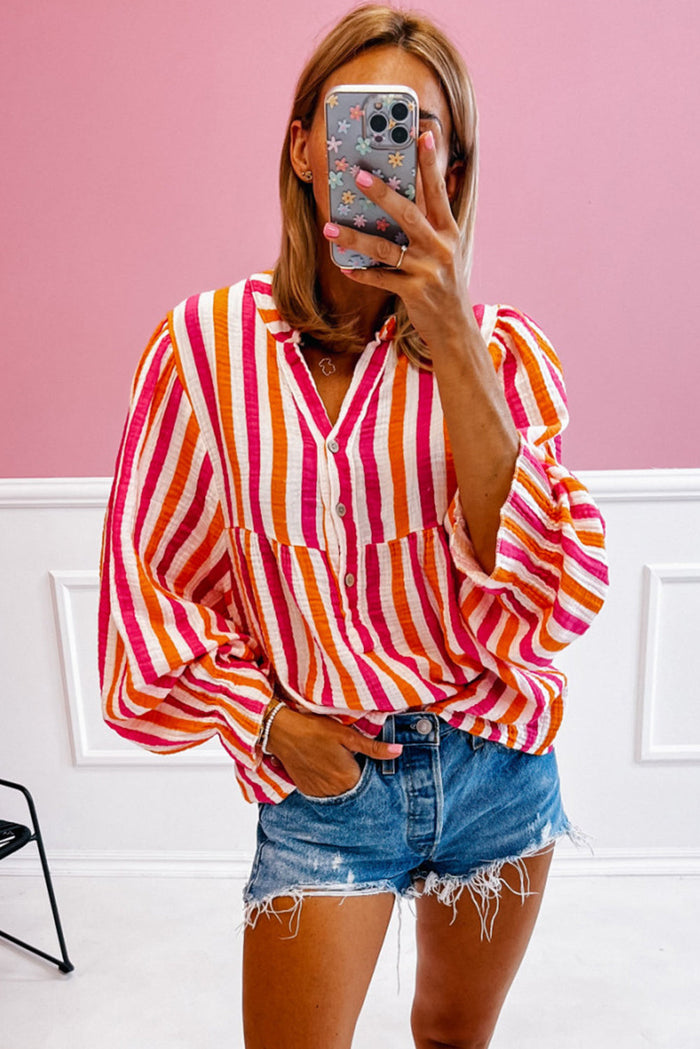 Orange Stripe Balloon Sleeve Notched V Neck Buttoned Front Blouse - Tops/Blouses & Shirts