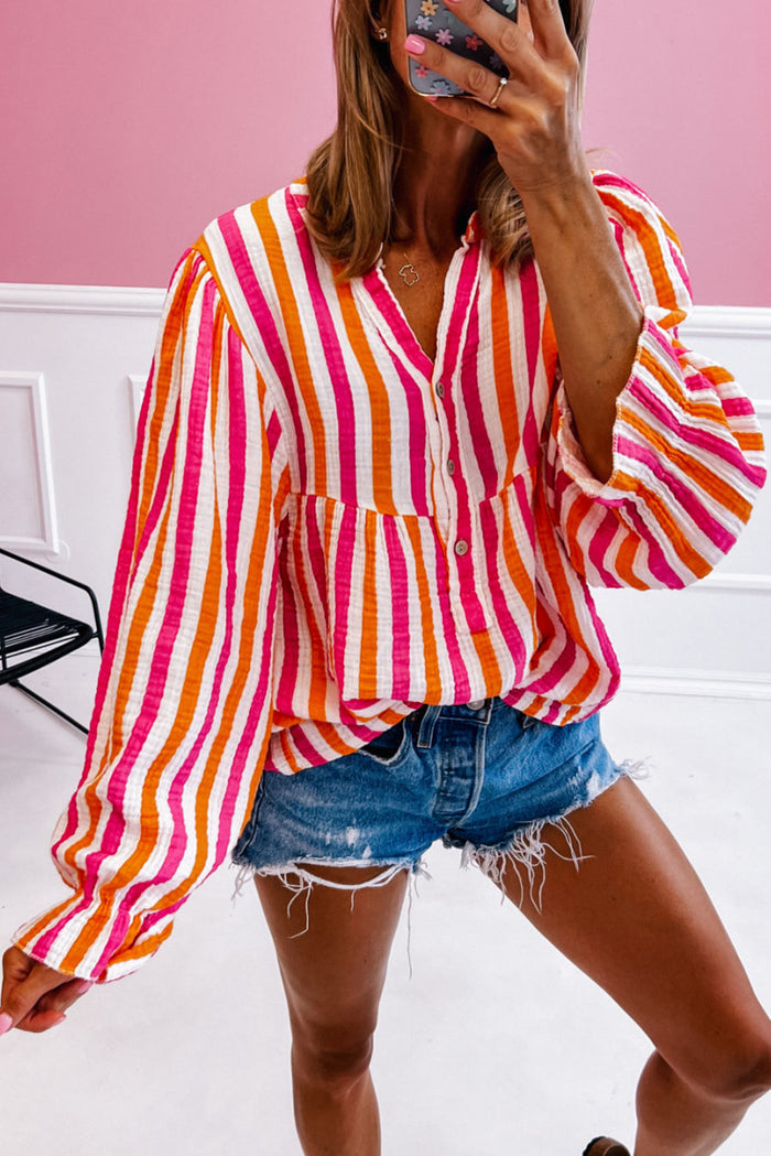 Orange Stripe Balloon Sleeve Notched V Neck Buttoned Front Blouse - Tops/Blouses & Shirts
