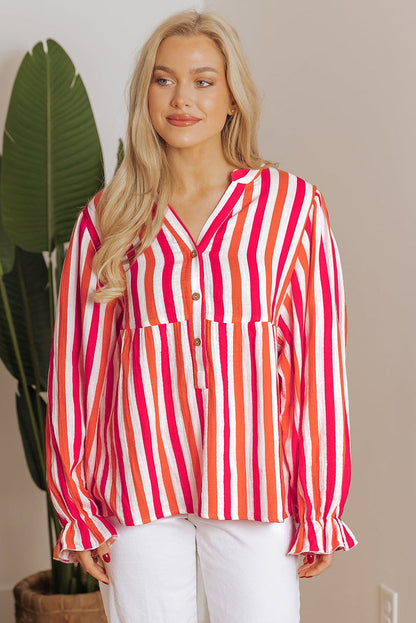 Orange Stripe Balloon Sleeve Notched V Neck Buttoned Front Blouse - Tops/Blouses & Shirts