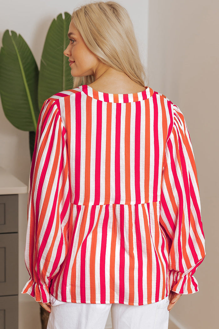 Orange Stripe Balloon Sleeve Notched V Neck Buttoned Front Blouse - Tops/Blouses & Shirts