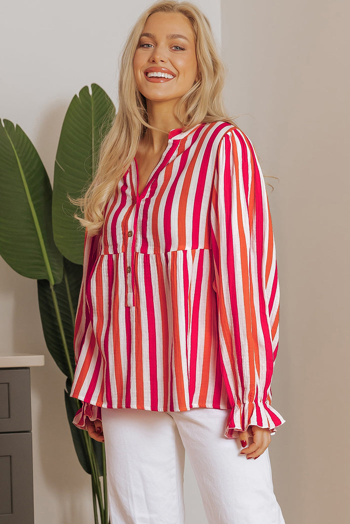 Orange Stripe Balloon Sleeve Notched V Neck Buttoned Front Blouse - Tops/Blouses & Shirts