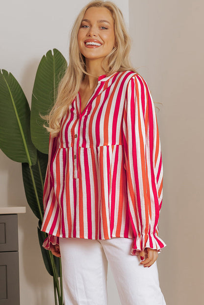 Orange Stripe Balloon Sleeve Notched V Neck Buttoned Front Blouse - Tops/Blouses & Shirts