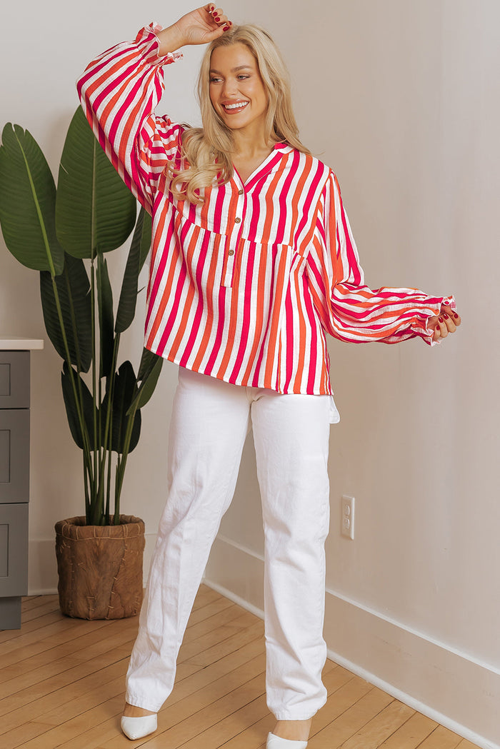 Orange Stripe Balloon Sleeve Notched V Neck Buttoned Front Blouse - Tops/Blouses & Shirts