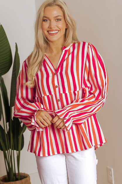 Orange Stripe Balloon Sleeve Notched V Neck Buttoned Front Blouse - Tops/Blouses & Shirts