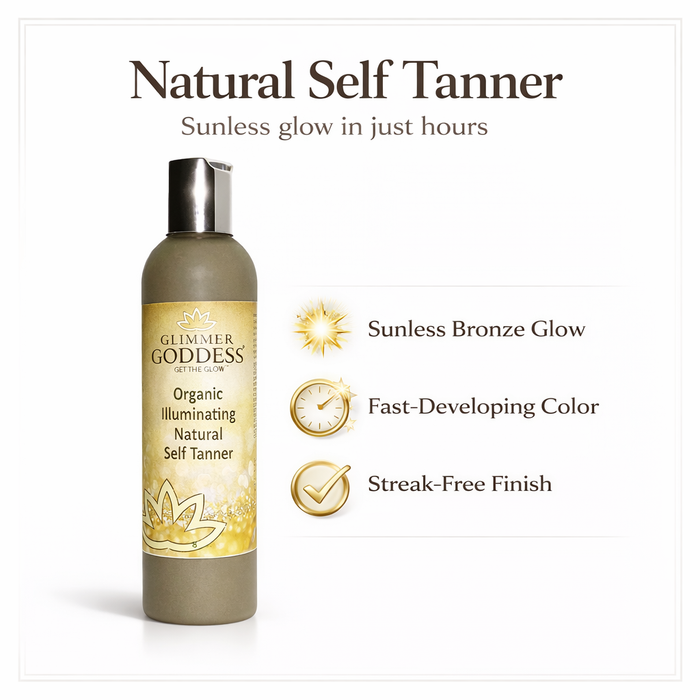 Glimmer Goddess Organic Self Tanner with fast bronze glow, showing a bottle of natural self-tanner with application sponge and glowing skin