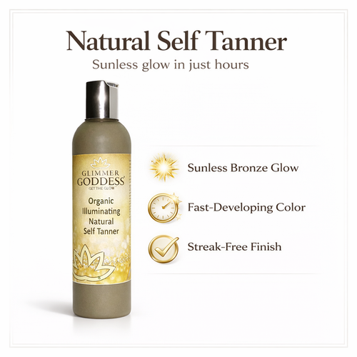 Glimmer Goddess Organic Self Tanner with fast bronze glow, showing a bottle of natural self-tanner with application sponge and glowing skin