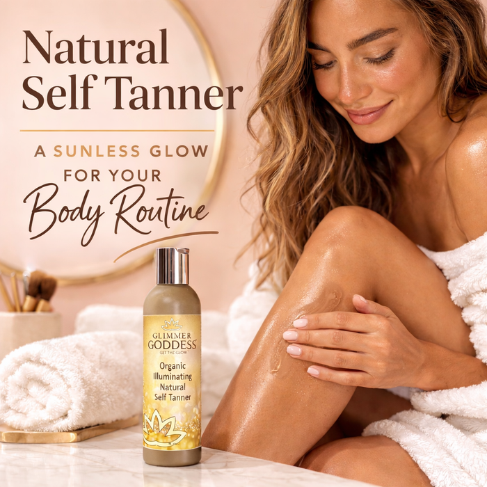 Glimmer Goddess Organic Self Tanner with fast bronze glow, showing a bottle of natural self tanning product on a light background.