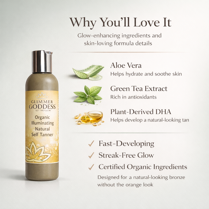 Glimmer Goddess Organic Self Tanner with fast bronze glow, showcasing a smooth, natural-looking tan on the skin.