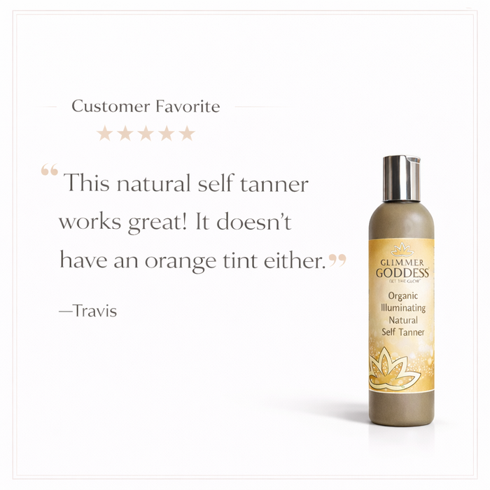 Glimmer Goddess® Organic Self Tanner with fast bronze glow, showing a natural tan application on smooth skin.