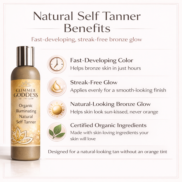 Glimmer Goddess® Organic Self Tanner with fast bronze glow, showing a bottle of natural self-tanner on a neutral background.