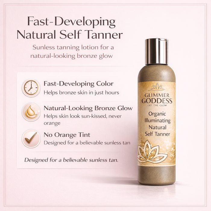 Glimmer Goddess® Organic Self Tanner bottle with a smooth, glowing bronze finish, showcasing natural skincare for a quick bronze glow.