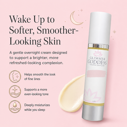 Glimmer Goddess Organic Skin Care Wake Up Overnight Cream in a white and silver tube, shown next to a smear of the cream on a soft pink background with product benefits listed on the left.