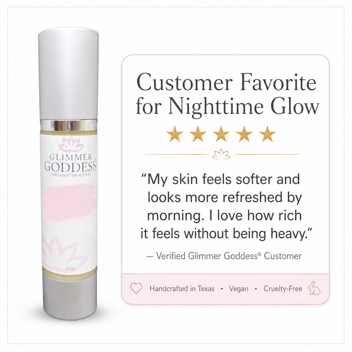 A Glimmer Goddess cosmetic bottle shown next to a promotional card with the text 'Customer Favorite for Nighttime Glow,' five stars, a customer quote, and product feature badges.