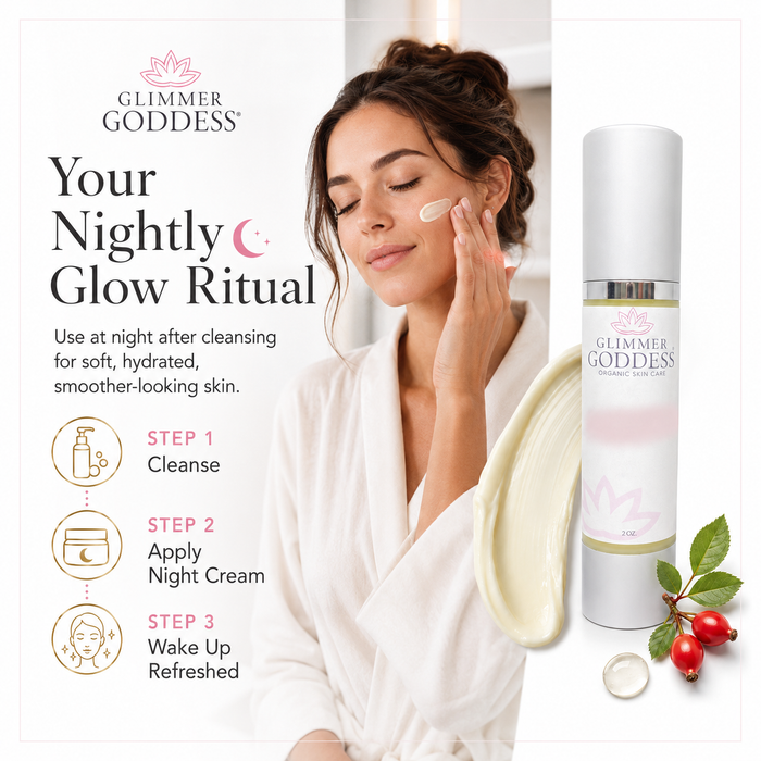 Glimmer Goddess Organic Vitamin A Microcaps Night Cream with creamy texture smear and three-step nighttime skincare routine.