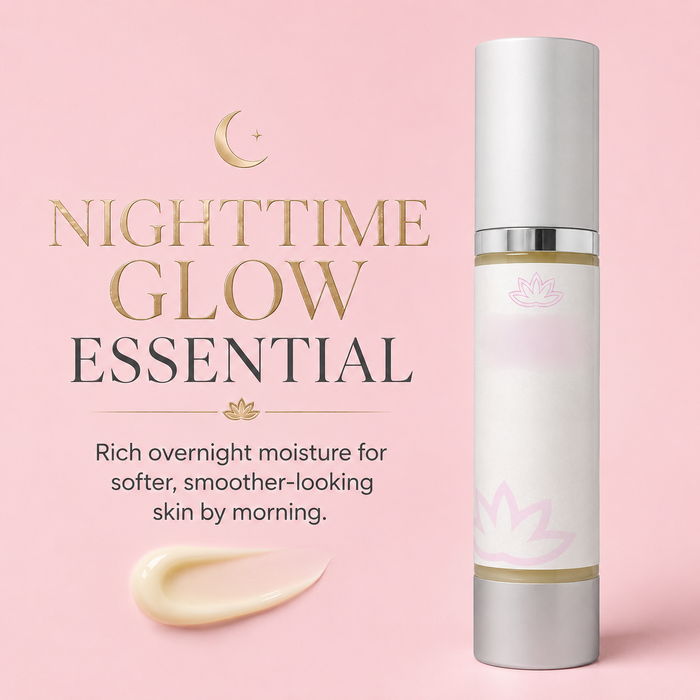 Glimmer Goddess Organic Vitamin A Microcaps Night Cream on a soft pink background with nighttime glow essential callout.