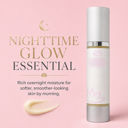 Glimmer Goddess Organic Vitamin A Microcaps Night Cream on a soft pink background with nighttime glow essential callout.