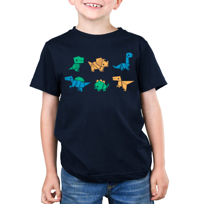 Premium Cotton T-shirt_TeeTurtle navy blue Origami Dinos featuring a collection of origami dinosaurs in different colors.
