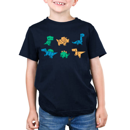 Premium Cotton T-shirt_TeeTurtle navy blue Origami Dinos featuring a collection of origami dinosaurs in different colors.