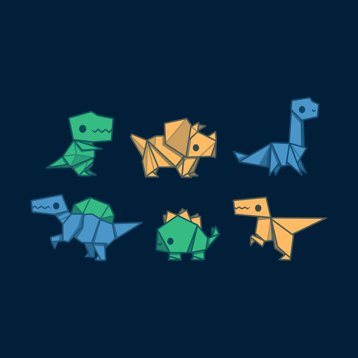 Classic Cotton T-shirt_TeeTurtle navy blue Origami Dinos featuring a collection of origami dinosaurs in different colors.