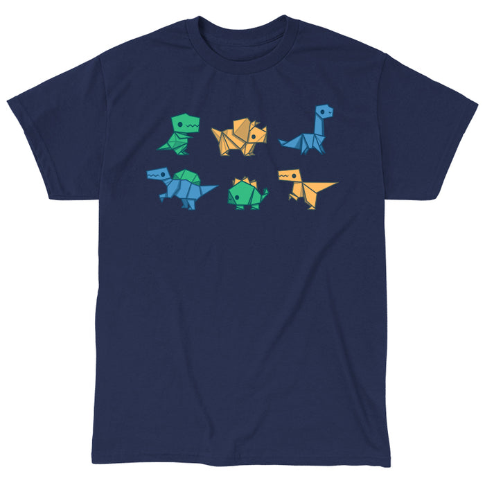 Classic Cotton T-shirt_TeeTurtle navy blue Origami Dinos featuring a collection of origami dinosaurs in different colors.