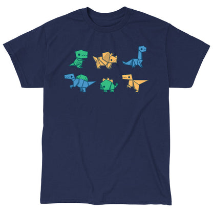 Classic Cotton T-shirt_TeeTurtle navy blue Origami Dinos featuring a collection of origami dinosaurs in different colors.