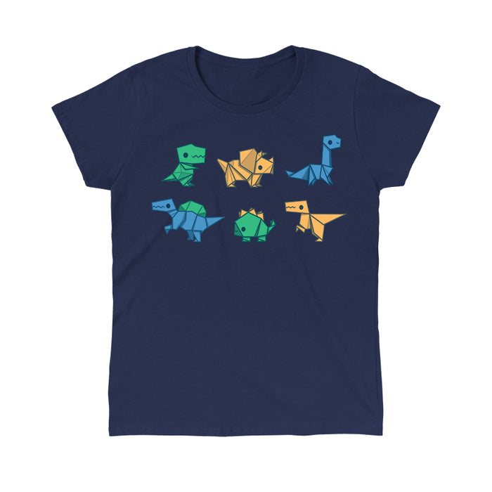 Classic Cotton T-shirt_TeeTurtle navy blue Origami Dinos featuring a collection of origami dinosaurs in different colors.