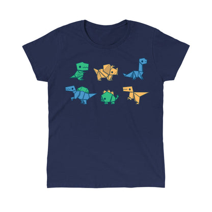 Classic Cotton T-shirt_TeeTurtle navy blue Origami Dinos featuring a collection of origami dinosaurs in different colors.