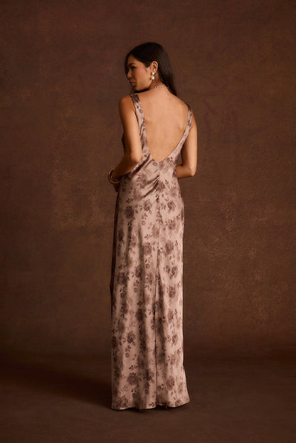 Orion Mocha Floral Satin Maxi Dress