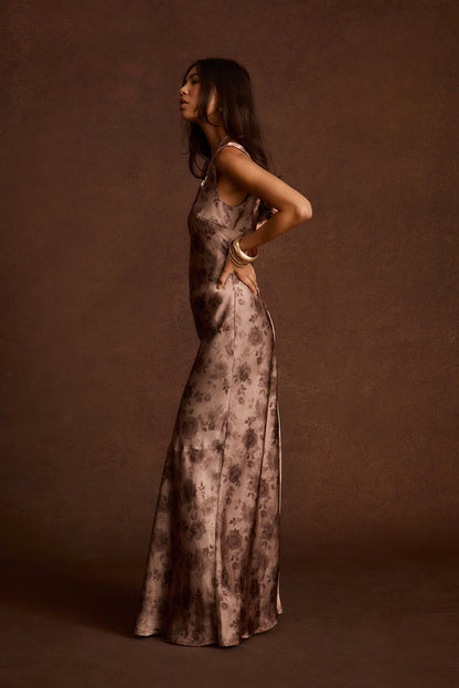 Orion Mocha Floral Satin Maxi Dress
