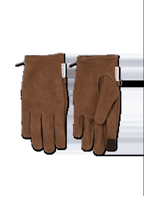 Brown suede gloves with black fingertips and red "HOWL DESIGN" tags, displayed side by side on a white background.