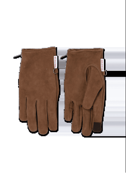 Brown suede gloves with black fingertips and red "HOWL DESIGN" tags, displayed side by side on a white background.