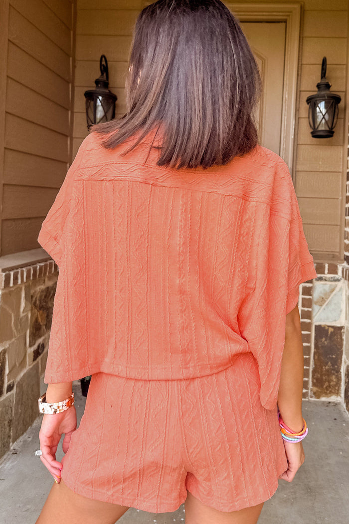 Pale Chestnut Textured Patched Pocket Short Sleeve Top Drawstring Shorts Set - Two Piece Sets/Short Sets