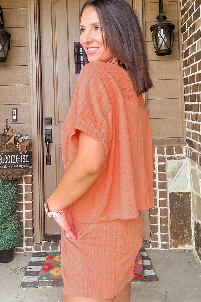 Pale Chestnut Textured Patched Pocket Short Sleeve Top Drawstring Shorts Set - Two Piece Sets/Short Sets