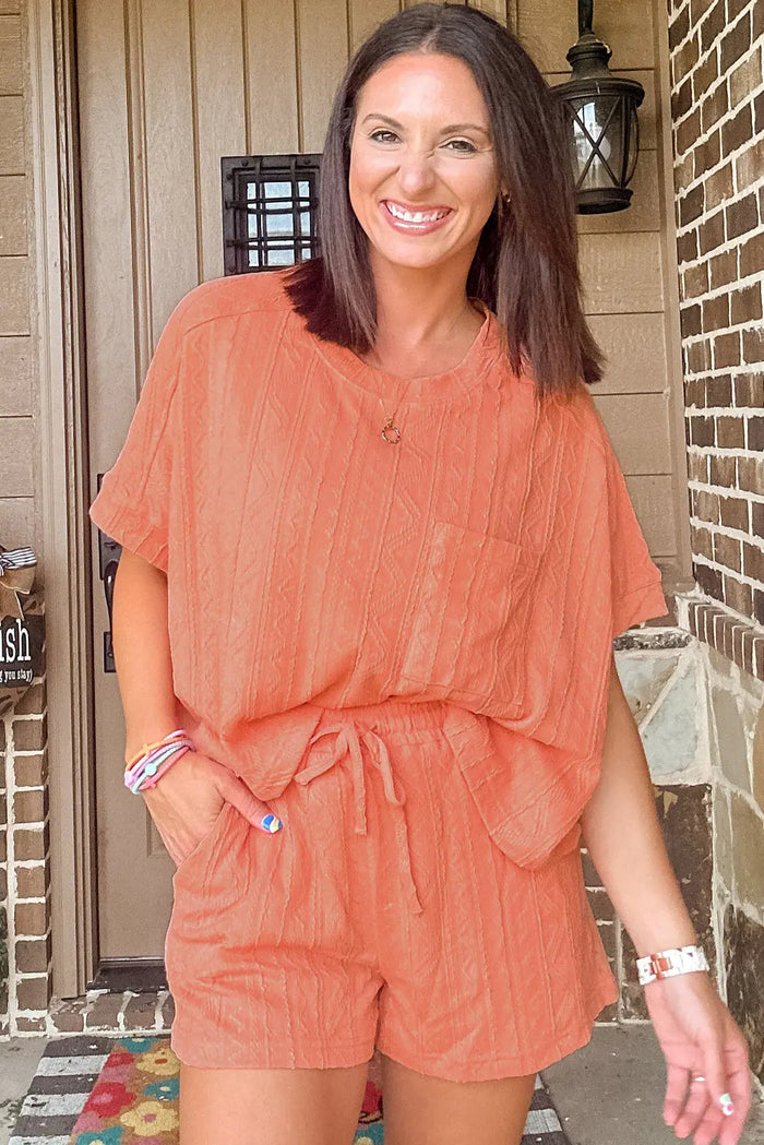 Pale Chestnut Textured Patched Pocket Short Sleeve Top Drawstring Shorts Set - Two Piece Sets/Short Sets