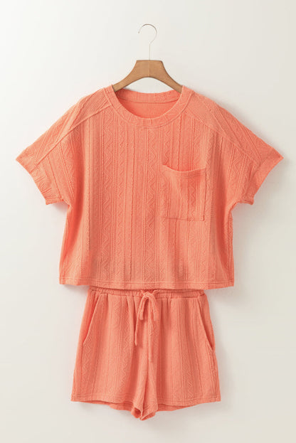 Pale Chestnut Textured Patched Pocket Short Sleeve Top Drawstring Shorts Set - Two Piece Sets/Short Sets