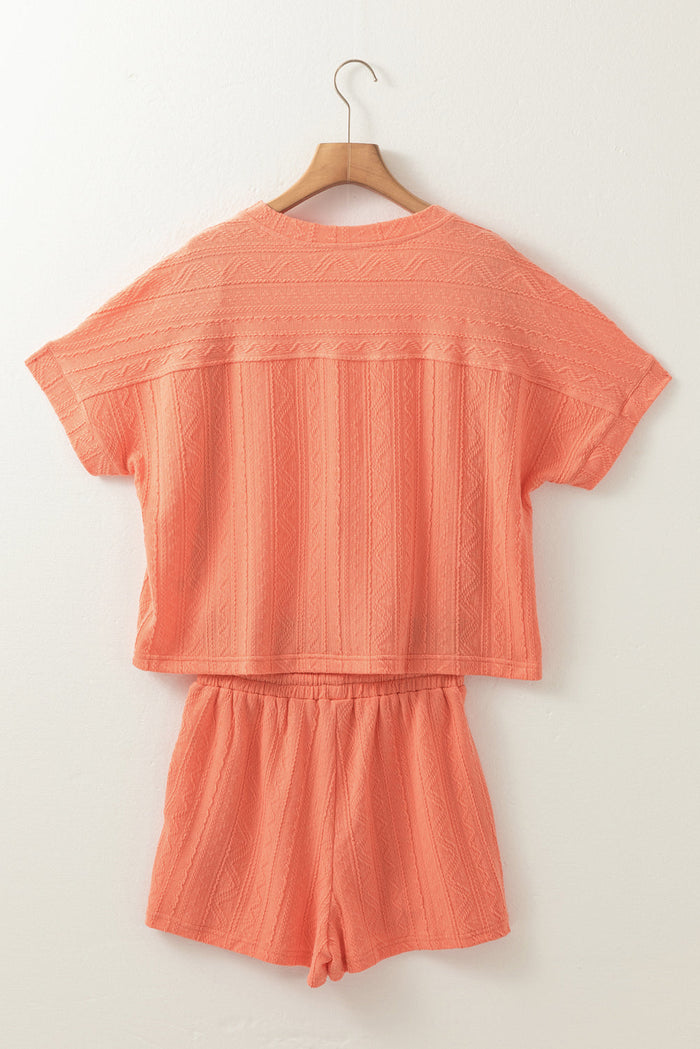 Pale Chestnut Textured Patched Pocket Short Sleeve Top Drawstring Shorts Set - Two Piece Sets/Short Sets