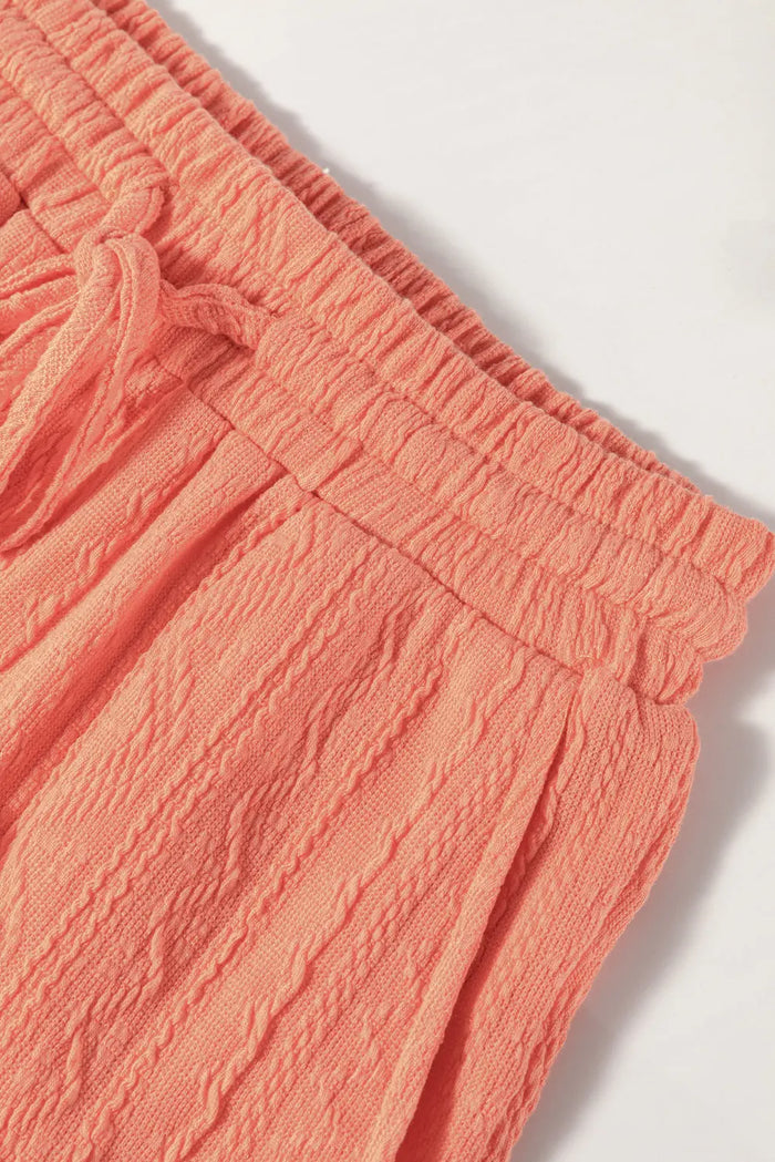 Pale Chestnut Textured Patched Pocket Short Sleeve Top Drawstring Shorts Set - Two Piece Sets/Short Sets