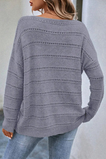 Pale Khaki Boat Neck Drop Shoulder Pointelle Knit Sweater - Sweaters & Cardigans/Sweaters