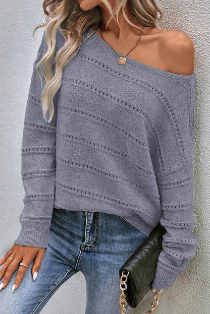 Pale Khaki Boat Neck Drop Shoulder Pointelle Knit Sweater - Sweaters & Cardigans/Sweaters