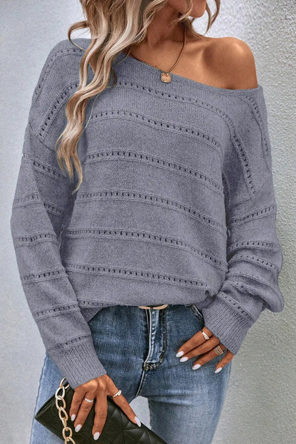 Pale Khaki Boat Neck Drop Shoulder Pointelle Knit Sweater - Sweaters & Cardigans/Sweaters