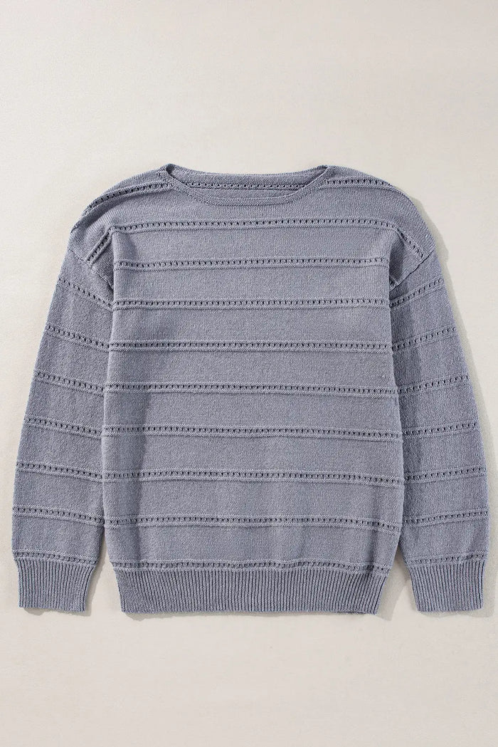 Pale Khaki Boat Neck Drop Shoulder Pointelle Knit Sweater - Sweaters & Cardigans/Sweaters