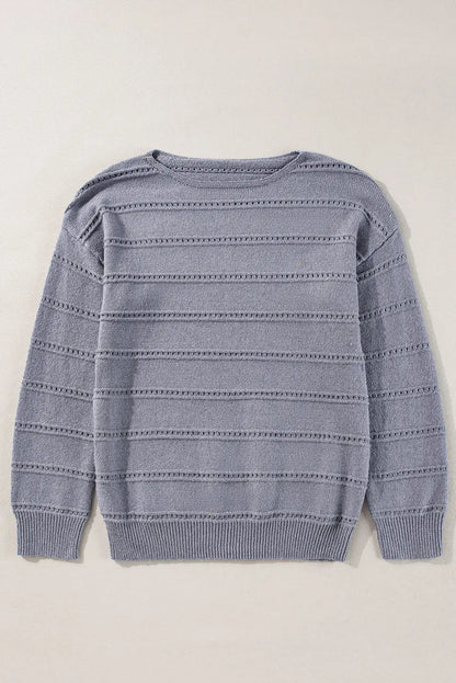 Pale Khaki Boat Neck Drop Shoulder Pointelle Knit Sweater - Sweaters & Cardigans/Sweaters